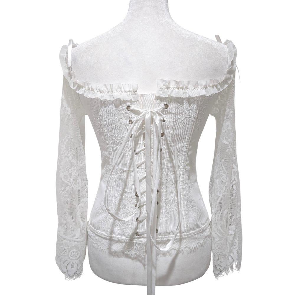 White Lace Sleeve Off Shoulder Corset Top Bustier Lace Up Back M Cosplay Fairy - Picture 4 of 11